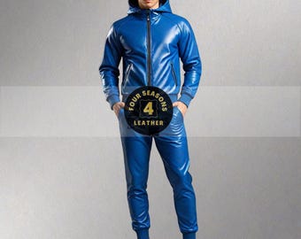 Men's Genuine Real Lambskin Blue Leather Track Suit Sweat suit Jogging Tracksuit