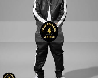 Men's 100% Genuine Real Soft Leather TrackSuit Sweatsuit [Black/White]