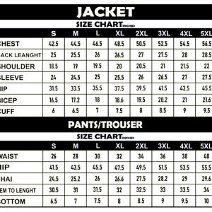 Puede incluir: Tabla de tallas para chaquetas y pantalones, con medidas en pulgadas. La secci&oacute;n de chaqueta incluye medidas de pecho, hombro y manga. La secci&oacute;n de pantal&oacute;n incluye medidas de cintura y cadera. Tallas de la S a la 5XL.