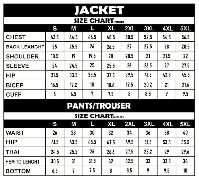 Puede incluir: Tabla de tallas para chaquetas y pantalones, con medidas en pulgadas. La secci&oacute;n de chaqueta incluye medidas de pecho, hombro y manga. La secci&oacute;n de pantal&oacute;n incluye medidas de cintura y cadera. Tallas de la S a la 5XL.