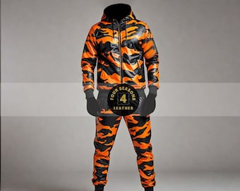 Men's 100% Genuine Real Soft Leather TrackSuit Sweatsuit [Black/Orange] Camo Pattern Track suit