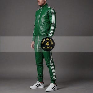 Men's Green Lambskin Leather Tracksuit: White Stripe Jogging Suit