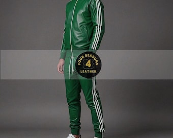 Men's Green Lambskin Leather Tracksuit: White Stripe Jogging Suit