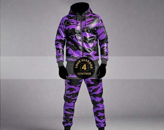 Men's 100% Genuine Real Soft Leather TrackSuit Sweatsuit [Black/Purple] Camo Pattern Track suit