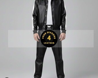 Men's 100% Genuine Real Soft Leather TrackSuit Sweatsuit [Black/White]