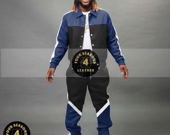Men's 100% Genuine Real Soft Leather TrackSuit Sweatsuit [Navy/Black] Contrast Style