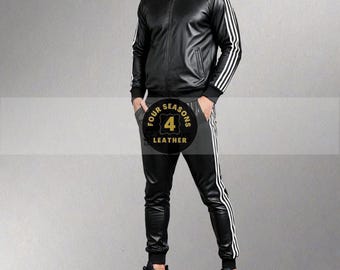Men's Lambskin Leather Track Suit: Black with White Stripes