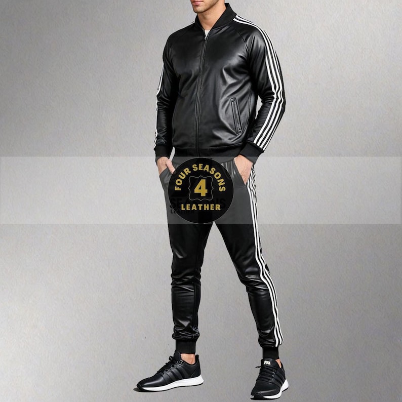 May include: Black leather track suit with white stripes on the sleeves and legs. The jacket has a zipper closure and the pants have an elastic waistband. The text "FOUR SEASONS LEATHER" is in a circular logo.