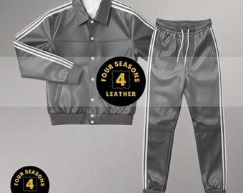 Tuta da uomo in vera pelle morbida al 100% [tre strisce grigio/bianco]