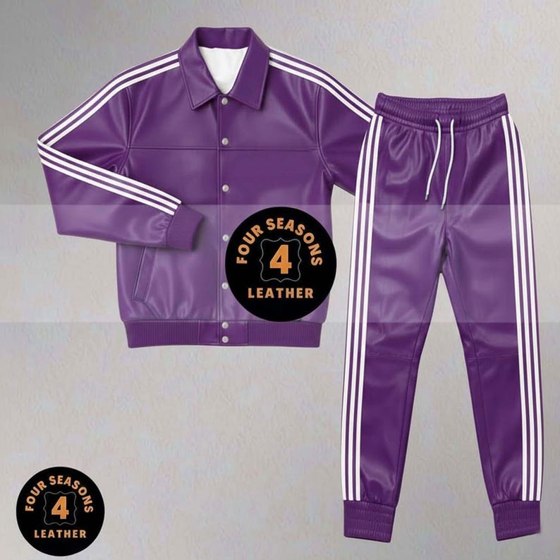 Chándal de piel auténtica 100 % suave para hombre [Tres rayas moradas y blancas] imagen 1
