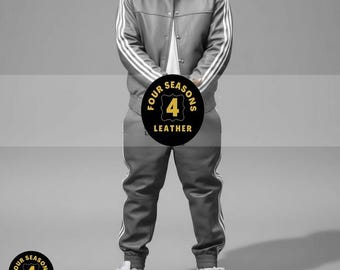 Tuta da uomo in vera pelle morbida al 100% [tre strisce grigio/bianco]