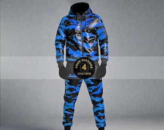 Men's 100% Genuine Real Soft Leather TrackSuit Sweatsuit [Black/Blue] Camo Pattern Track suit