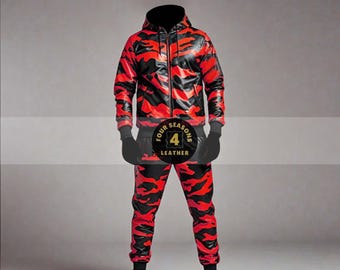 Men's 100% Genuine Real Soft Leather TrackSuit Sweatsuit [Black/Red] Camo Pattern Track suit