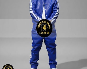 Chándal de piel auténtica 100 % suave para hombre [Azul rey/Tres rayas blancas]