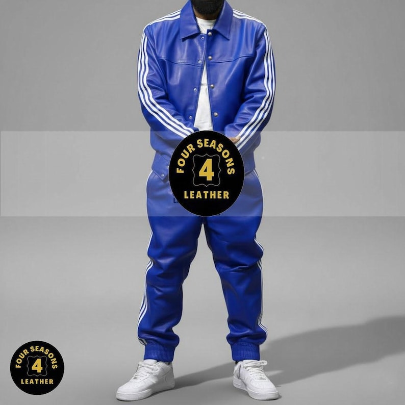 Men's 100% Genuine Real Soft Leather TrackSuit Sweatsuit [Royal Blue/White Three Stripes] image 1