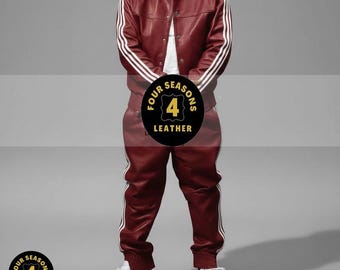 Tuta da uomo in vera pelle morbida al 100% [tre strisce bordeaux/bianche]