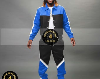 Men's 100% Genuine Real Soft Leather TrackSuit Sweatsuit [Blue/Black] Contrast Style