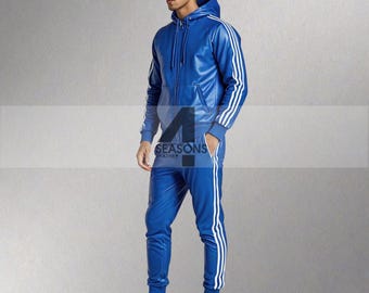 Men&#39;s Genuine Real Lambskin Blue With White Stripes Leather Track Suit Sweat suit Jogging Tracksuit