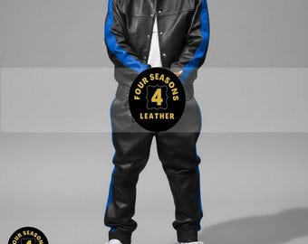 Men's 100% Genuine Real Soft Leather TrackSuit Sweatsuit [Black/Royal Blue]