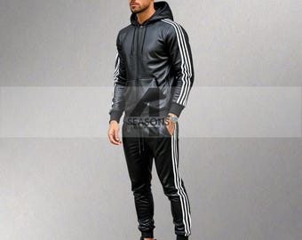 Men&#39;s Genuine Real Lambskin Black With White Stripes Leather Track Suit Sweat suit Jogging Tracksuit