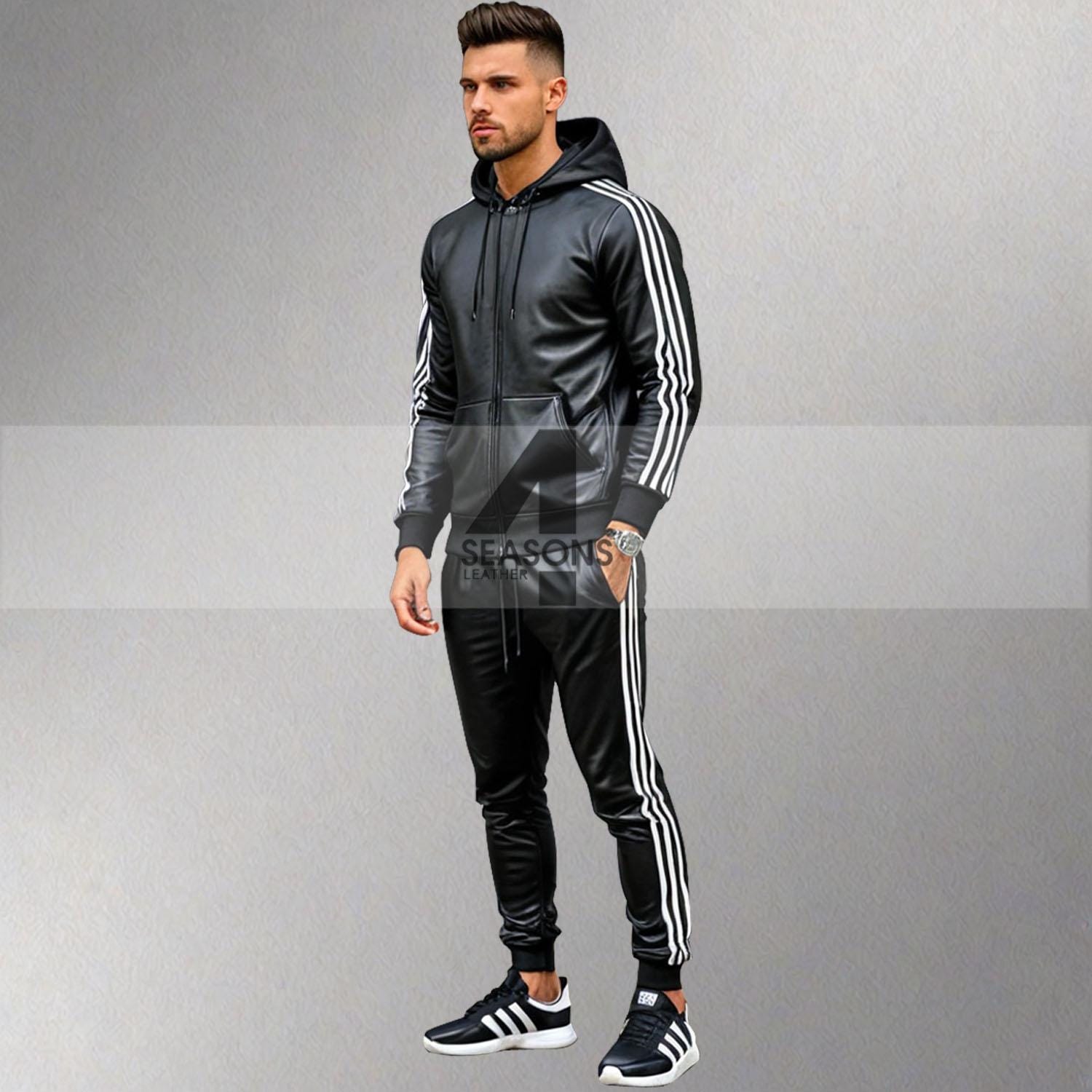 Men's Lambskin Leather Tracksuit: Black with White Stripes