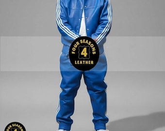 Men's 100% Genuine Real Soft Leather TrackSuit Sweatsuit [Blue/White Three Stripes]