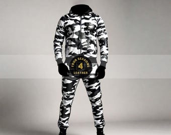 Tuta da uomo in vera pelle morbida al 100%, con motivo mimetico, nera/bianca