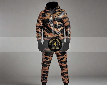Men's 100% Genuine Real Soft Leather TrackSuit Sweatsuit [Black/Brown] Camo Pattern Track suit