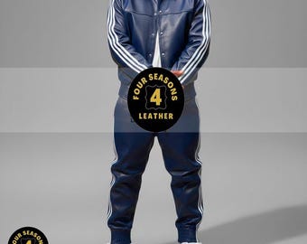 Men's 100% Genuine Real Soft Leather TrackSuit Sweatsuit [NavyBlue/White Three Stripes]