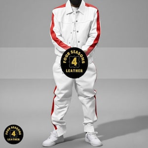 Herren 100% echtes echtes weiches Leder Trainingsanzug Sweatsuit [weiß / rot] Bild 1