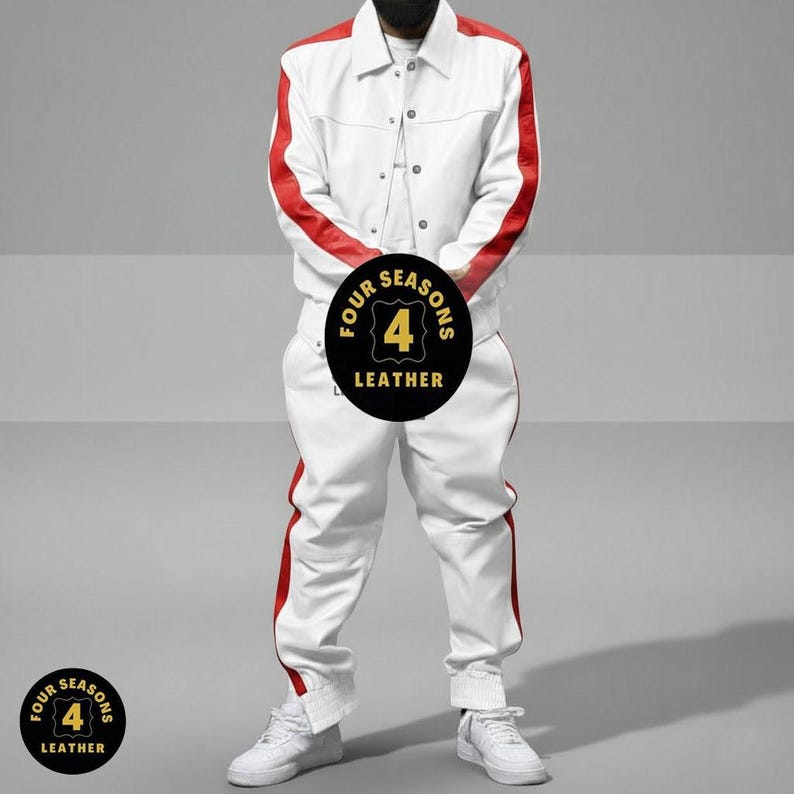Herren 100% echtes echtes weiches Leder Trainingsanzug Sweatsuit [weiß / rot] Bild 1