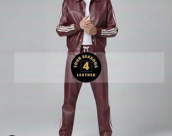 Tuta da uomo in vera pelle morbida al 100% [Borgogna/Bianco con tre strisce bianche]