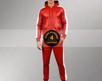 Tuta da ginnastica in pelle di agnello: rossa con striscia bianca, set da jogging da uomo