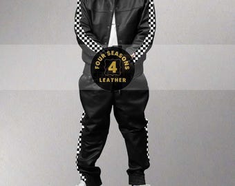 Men's 100% Genuine Real Soft Leather TrackSuit Sweatsuit [Black/White Check]