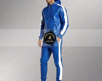 Men's Lambskin Leather Track Suit: Blue with White Stripe