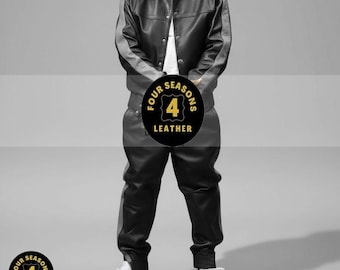 Men's 100% Genuine Real Soft Leather TrackSuit Sweatsuit [Black/Gray]