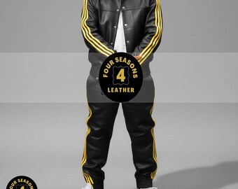 Men's 100% Genuine Real Soft Leather TrackSuit Sweatsuit [Black/Yellow Three Stripes]
