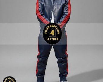 Men's 100% Genuine Real Soft Leather TrackSuit Sweatsuit [Navy/Red Three Stripes]