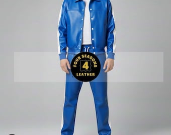 Men's 100% Genuine Real Soft Leather TrackSuit Sweatsuit [Blue/White]