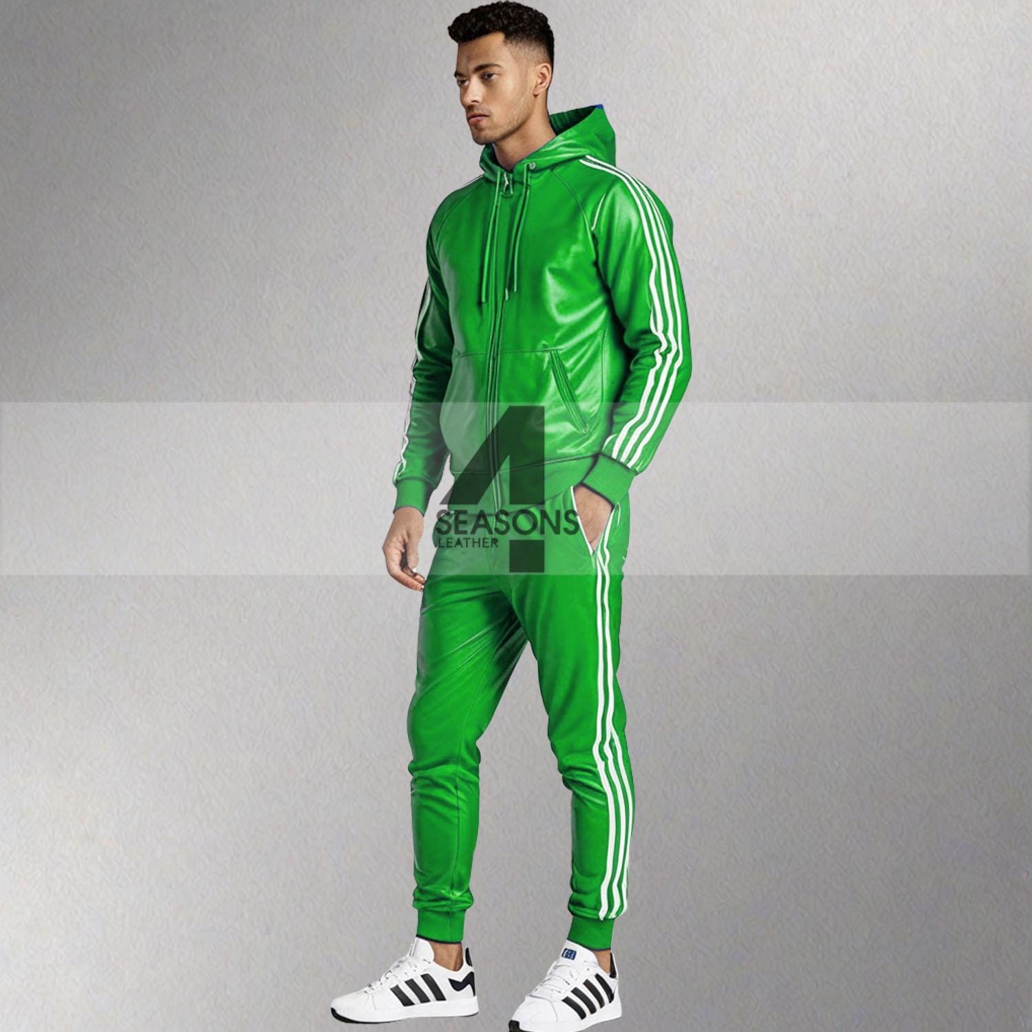 Men's Genuine Real Lambskin Green Color With White Stripes Leather Track Suit Sweat suit Jogging Tracksuit