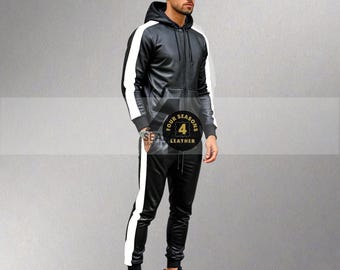 Lammfell Leder Trainingsanzug : Herren Schwarz Jogging Set mit Weißen Streifen
