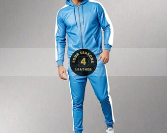 Sky Blue Lambskin Leather Track Suit: Men's Jogging Sweat Suit