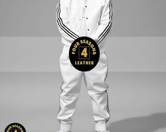 Men's 100% Genuine Real Soft Leather TrackSuit Sweatsuit [White/Black Three Stripes]
