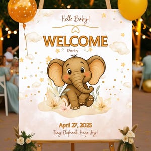 Babypartyeinladungs-Set mit süßem Elefant - Bearbeitbare Vorlage - Willkommensschild, Windel-Verlosung & Geschenkkarte - Mädchen oder Jungen