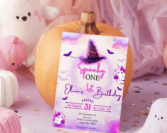 Pink Spooky One Halloween Birthday Invitation, First Boo Day (PDF)