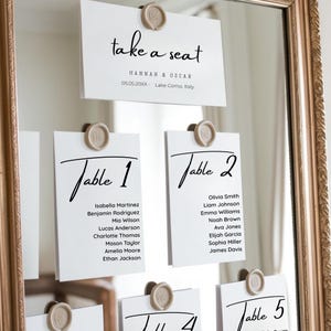 Modello per la tabella dei posti a sedere per matrimonio in stile moderno, numeri dei tavoli per matrimonio, planimetria dei posti a sedere, download immediato modificabile, grigio rustico elegante