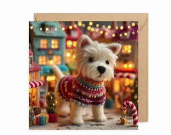 May include: A needle-felted white West Highland Terrier figurine wearing a multi-colored knit sweater with horizontal stripes in shades of red, purple, blue, and yellow, standing in front of miniature illuminated holiday buildings.