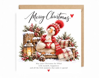 Cute Christmas Goose Card, Cosy Winter Duck with Hot Chocolate, Unique Xmas Greeting Card