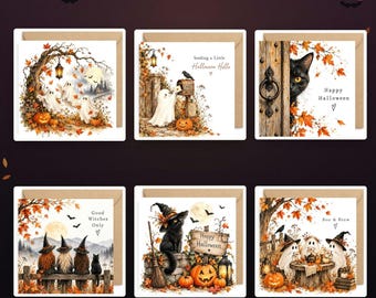 May include: A set of six square Halloween greeting cards measuring 6 inches by 6 inches, each featuring watercolor illustrations of ghosts, black cats, and witches. The cards include kraft envelopes and display text such as Happy Halloween and Boo & Brew.