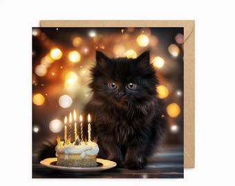 May include: A birthday greeting card featuring a fluffy black kitten with big eyes, sitting in front of a small birthday cake with lit candles. The background has a bokeh effect with warm, golden lights.